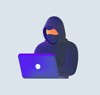 3D Hacker, Cyber criminal with laptop stealing user personal data. Hacker attack and web security. Internet phishing concept. Hacker in black hood with laptop trying to cyber attack. Programming Code