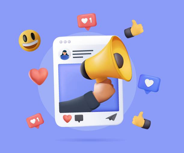 istock 3D Social media blogger with megaphone. 3d megaphone speaker advertising composition. 3d objects, heart and love emoji 1492437028