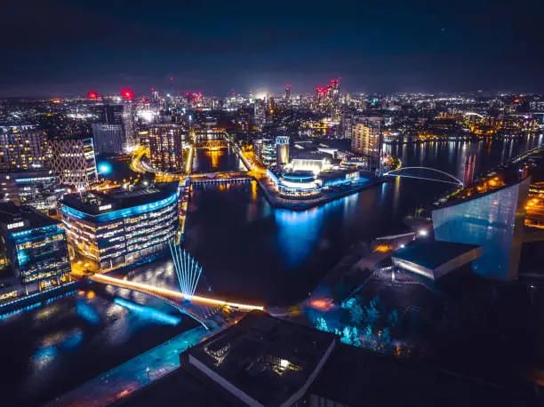 Drone view of Media city Salford quays at night, Manchester