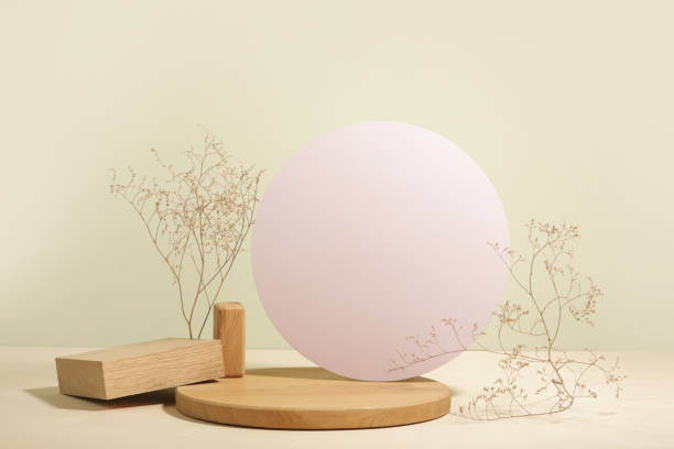 istock Minimalist geometry shape wooden scene. Abstract minimal empty stage with wooden circle. Mockups display for product presentation. Design element. 1492439547