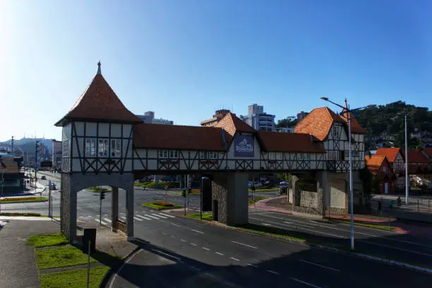 Photo of Portal of the Germanic village, half-timbered style, from another perspective,