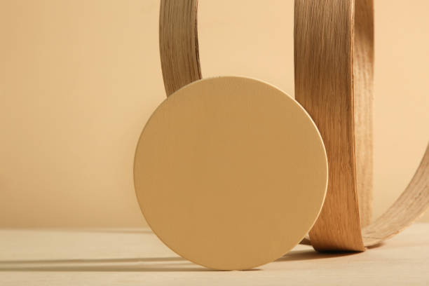 istock Minimalist geometry shape wooden scene. Abstract minimal empty stage with wooden circle. Mockups display for product presentation. Design element. 1492443848