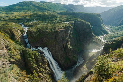 Scenic view of Vøringfossen waterfall in Norway in summer season