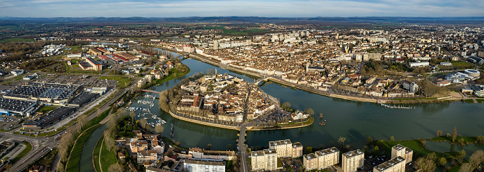 Aerial view of the city Chalon-sur-Saone in France on a sunny morning in spring.