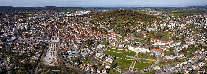 Aerial  of the old town of Vesoul in France on a sunny afternoon in spring.