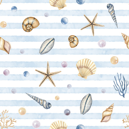 Seashell seamless Pattern. Hand drawn watercolor illustration with sea Shells on isolated white background with blue stripes. Underwater ornament with cockleshell for textile nautical design or paper.