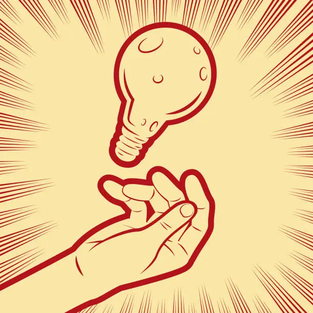 Vector illustration of A human hand is catching a falling Idea Light Bulb, in the background with radial manga speed lines