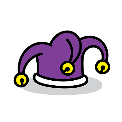 Vector illustration of a hand drawn purple jester hat against a white background.