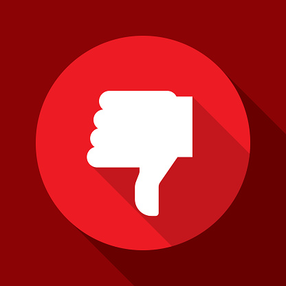 Vector illustration of a thumbs down icon against a red background in flat style.