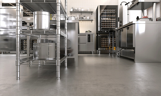 Concrete floor of commercial, professional bakery kitchen, stainless steel convection, bread bun in deck oven, freezer, refrigerator, kneading machine, cabinet, ingredient on table for industrial restaurant cooking, interior design decoration, product display background 3D