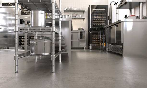 concrete floor of commercial, professional bakery kitchen, stainless steel convection, bread bun in deck oven, freezer, refrigerator, kneading machine, cabinet, ingredient on table - buns of steel imagens e fotografias de stock