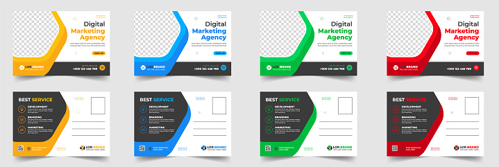 Corporate business postcard template design set with blue, yellow, red and green color.