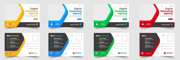 Vector illustration of Corporate business postcard template design set with blue, yellow, red and green color. digital marketing agency postcard, business marketing postcard set, vector illustration.