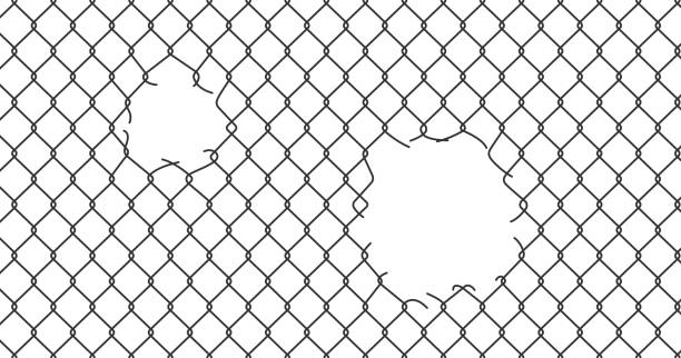 Broken wire mesh fence. Rabitz or chain link fence with cut hole. Torn wire pirson mesh texture. Cut metal lattice grid. Vector illustration isolated on white background Broken wire mesh fence. Rabitz or chain link fence with cut hole. Torn wire pirson mesh texture. Cut metal lattice grid. Vector illustration isolated on white background. damaged fence stock illustrations