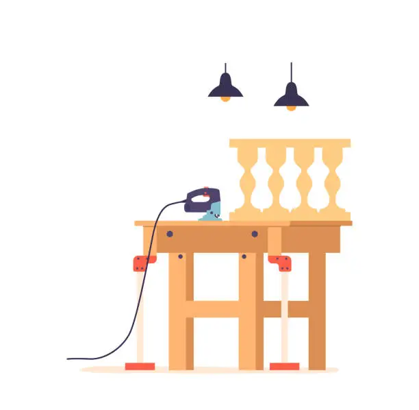 Vector illustration of Carpentry Workshop Interior with Grinding Tool and Wooden Items on Workbench With Sawdust, Wood Shavings