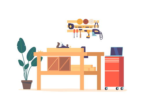 Carpentry Workshop Interior Showcases Wooden Workbench with Plane, Shelf Of Tools, Hanging Saws, Drills And Hammers, Wood Clamps. Work In Progress, Craftsmanship, Diy. Cartoon Vector Illustration
