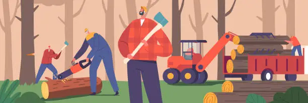 Vector illustration of Lumberjack Team Prepares Wood With Precision. Male Characters Utilizing Sharp Axes, Powerful Chainsaws, Illustration