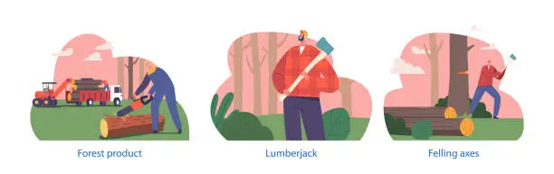 Vector illustration of Skilled Lumberjack Characters With Strong Physique And Expertise In Felling Trees, Operating Chainsaw or Axe