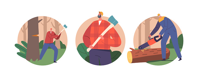 Isolated Round Icons or Avatars of Skilled Lumberjack Characters Felling Trees, Operating Chainsaw or Axe, Handling Timber. People Proficient In Forestry Practices. Cartoon Vector Illustration