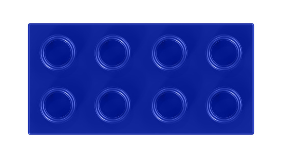 Reflex Blue Toy Block Isolated on a White Background. Close Up View of a Plastic Children Game Brick for Constructors, Top View. High Quality 3D Rendering with a Work Path. 8K Ultra HD, 7680x4320