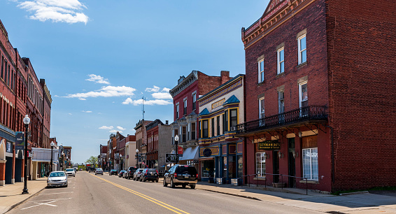 Kane, Pennsylvania, USA May 9, 2023 Businesses along North Fraley Street on a sunny spring day
