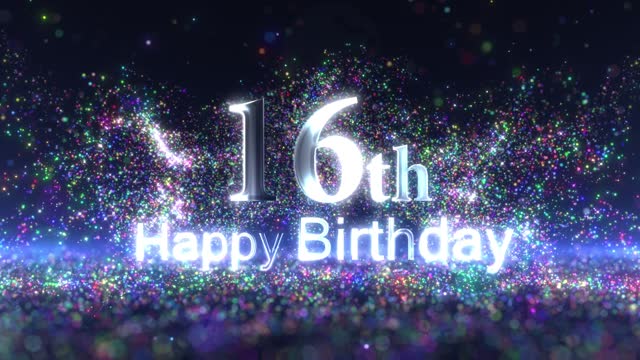Happy 16th birthday wish with colored particles, happy birthday greeting