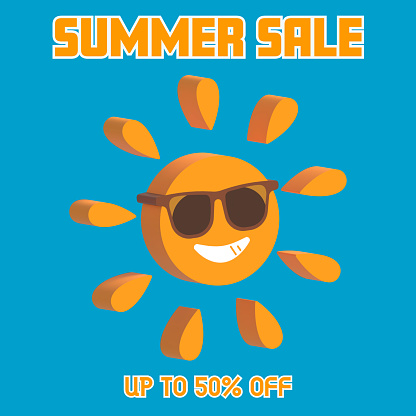 Summer Sale, Sun with Sunglasses. 3D Icon, Promotion, Banner, Template. Vector illustration.