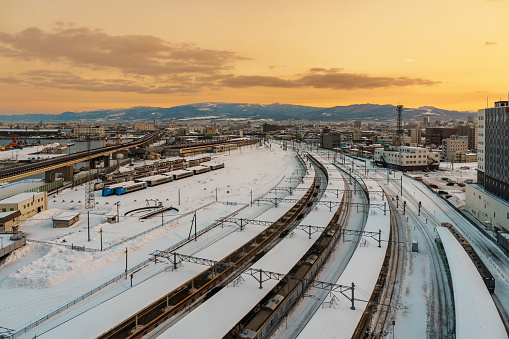 Beautiful landscape and cityscape from Hakodate train station with Snow in winter season. Hakodate, Japan, 7 February 2023