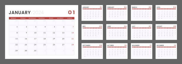 kalenderplaner-vorlage 2024. vektorlayout eines einfachen wand- oder schreibtischkalenders mit wochenbeginn montag. minimalistisches corporate kalender-design für den druck - calendar february desk computer stock-grafiken, -clipart, -cartoons und -symbole