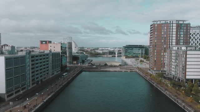 Drone view of Media city Salford quays, Manchester