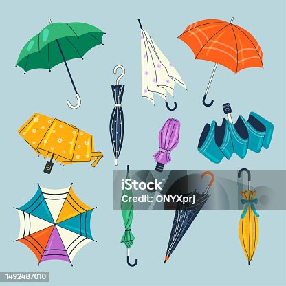 istock Umbrellas collection. Autumn set of different fashioned tools from rainy weather season recent vector umbrellas illustrations 1492487010