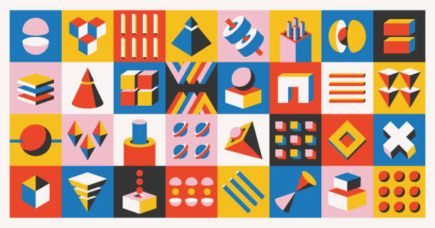 Bauhaus Pattern Showcases Volumetric Figures In A Minimalistic And Geometric Style, Emphasizing Clean Lines, Bold Shapes, Visual Harmony, And Vibrant Colors. Cartoon Vector Illustration