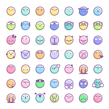 Vector illustration of a big collection of emoticons with line art style and cute pastel style colors.