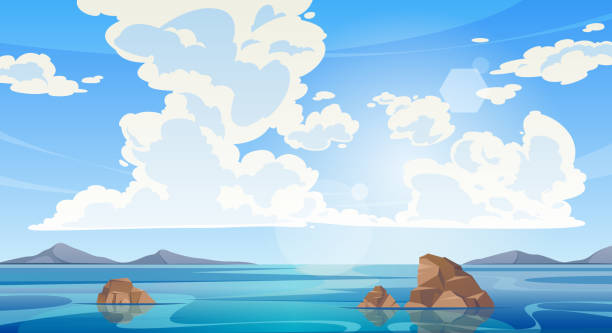 ilustrações, clipart, desenhos animados e ícones de céu e sol no fundo do mar, oceano e praia vetor plano cartoon. ilustração da ilha, oceano ou água do mar com ondas e nuvens no céu, paisagem marítima azul do verão, panorama à beira-mar - lagoon