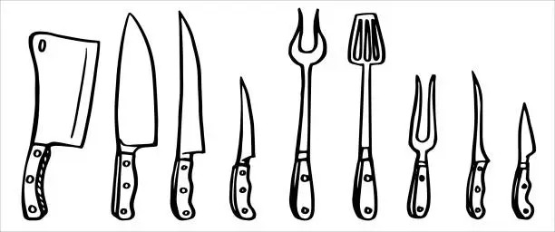 Vector illustration of A set of knives. Kitchen equipment isolated on white background. Chef knife, santoku, bread knife, meat laver, Chinese buyer, steak and butcher knife. Vector hand drawn doodle illustration. Set of butcher knives for butcher shop and meat theme design.