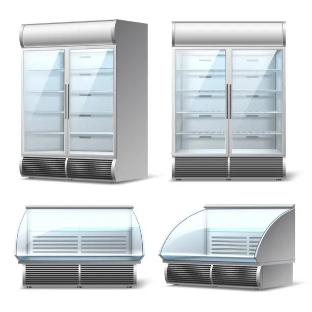 Vector illustration of Realistic fridges showcases. Isolated commercial refrigerators and display cases with glass door or shop, different angles, 3d supermarket equipment empty freezer, utter vector set