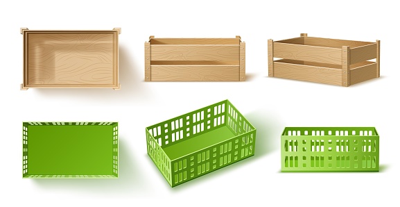 Empty wooden and plastic crates. Realistic boxes for bottles, empty containers for fruits and vegetables, warehouse storage equipment, warehouse merchandise, 3d isolated elements, utter vector set