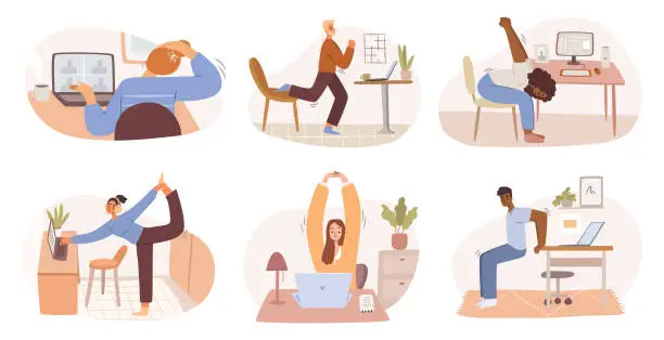 Vector illustration of Stretch at workplace, people doing small exercises at work to get rest and relaxation. Vector man and woman removing tension. Employees working from home or office cartoon characters