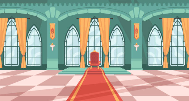 ilustrações de stock, clip art, desenhos animados e ícones de castle royal ballroom interior with king chair, vector fairytale gallery scene with arch windows. medieval hall for ball with curtains, dance hallway for monarchy wedding ceremonies, illustration - interior