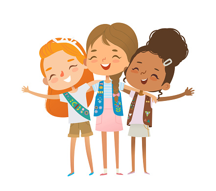 Happy multi ethnic multi aged girls scout hug. Girls Scout happily hug and smile. Junior, Daisy, Brownie ligue. Girls together. Junior Girls Scout Uniform