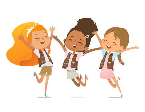 Multi ethnic multi aged girls scout happily jumping. Brownie ligue girls scout together. Girls friends together. Brownie Girls Scout Uniform