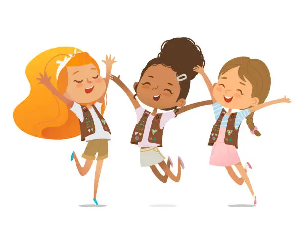 Vector illustration of Multi ethnic multi aged girls scout happily jumping. Brownie ligue girls scout together. Girls friends together. Brownie Girls Scout Uniform