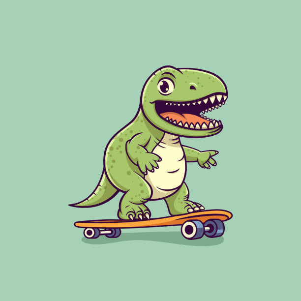 istock Vector Happy and Smiling Dinosaur. Cartoon Green Dinosaur Tyrannosaurus Rex, Tyrex with Outline on Skateboard, Design Template, Skater Dinosaur. Funny Print, T-shirt Design for Kids 1492490311