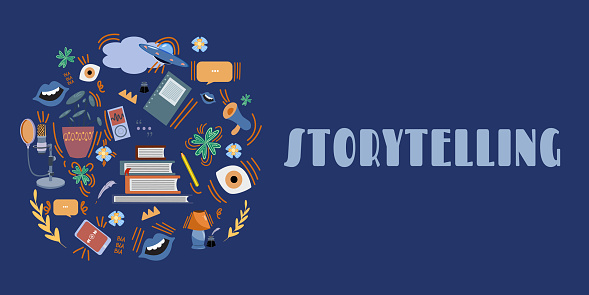 Vector illustration of storytelling. A concept for a blog, social networks, marketing. Horizontal banner of the narrative promotion.