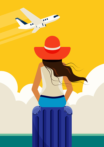 Happy holiday travel around the world concept in summer time background flat design style. Tourist sit on luggage watching air plane in the sky, vector illustration
