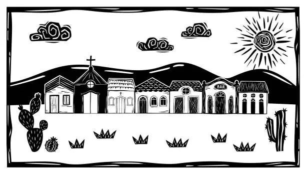 Vector illustration of Village of simple houses and little church, sunny sky with clouds in the interior of Brazil. Vector woodcut, Cordel from the Brazilian Northeast