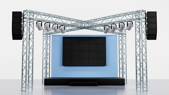 3d rendering of Minimal stage show and truss construction with light and sound system, Monitor screen