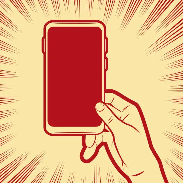 Vector illustration of A human hand showing a smartphone screen, in the background with radial manga speed lines
