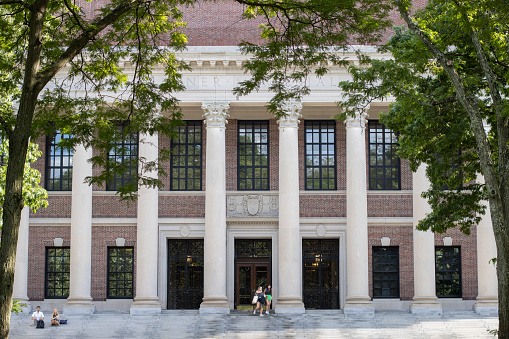 Cambridge, MA, USA - June 29, 2022: Front view of the Harry Elkins Widener Memorial Library, Harvard University's flagship library, in Cambridge, Massachusetts.