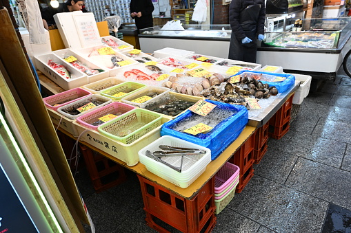 Katsuobushi in Tsukiji Fish Market, Tokyo, Japan. It is often used as flakes shaved from a piece of dried fish.